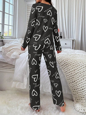 Conjunto de Pijama Casual com Top de Manga Longa com Estampa Completa e Gola Careca e Calça, Para Mulheres