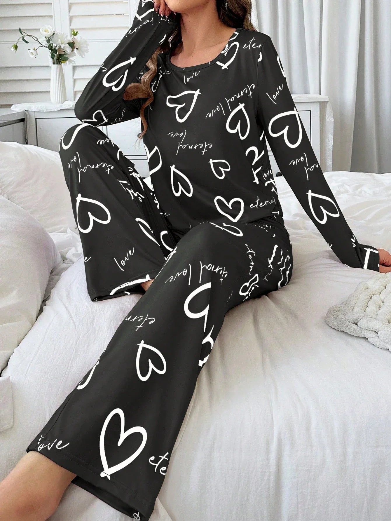 Conjunto de Pijama Casual com Top de Manga Longa com Estampa Completa e Gola Careca e Calça, Para Mulheres