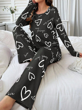 Conjunto de Pijama Casual com Top de Manga Longa com Estampa Completa e Gola Careca e Calça, Para Mulheres