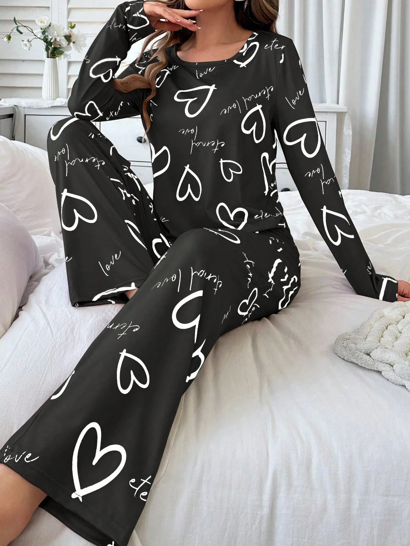 Conjunto de Pijama Casual com Top de Manga Longa com Estampa Completa e Gola Careca e Calça, Para Mulheres