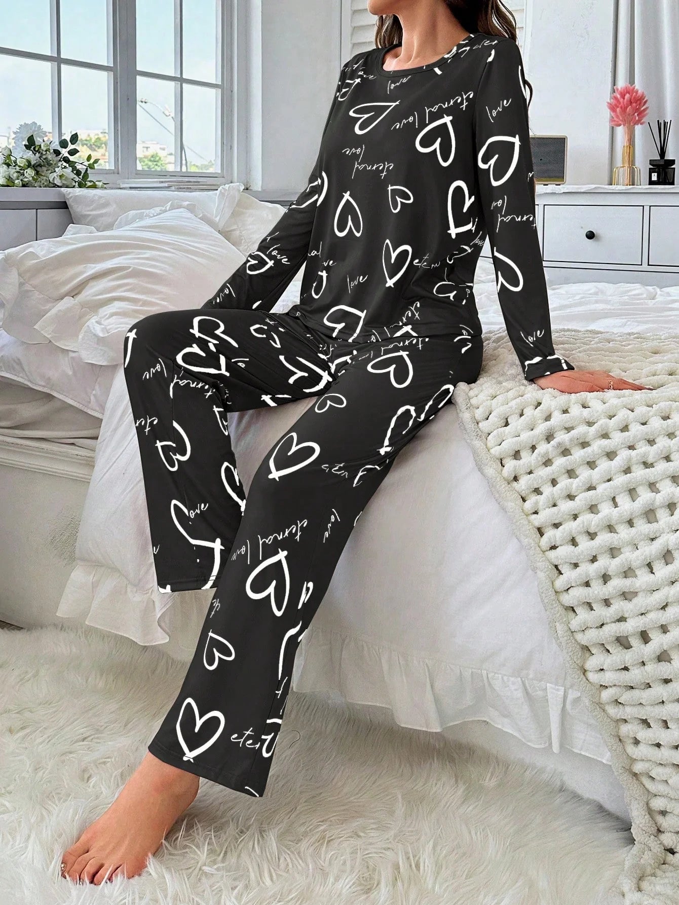 Conjunto de Pijama Casual com Top de Manga Longa com Estampa Completa e Gola Careca e Calça, Para Mulheres