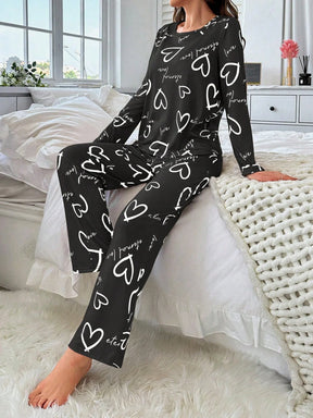 Conjunto de Pijama Casual com Top de Manga Longa com Estampa Completa e Gola Careca e Calça, Para Mulheres