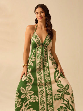 CAJUNI Vestido de Verão Casual para Praia, Estampa Tropical Boho de Flores e Árvore de Coco, Alças Finas com Cadarço, Mulheres