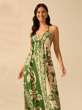 CAJUNI Vestido de Verão Casual para Praia, Estampa Tropical Boho de Flores e Árvore de Coco, Alças Finas com Cadarço, Mulheres