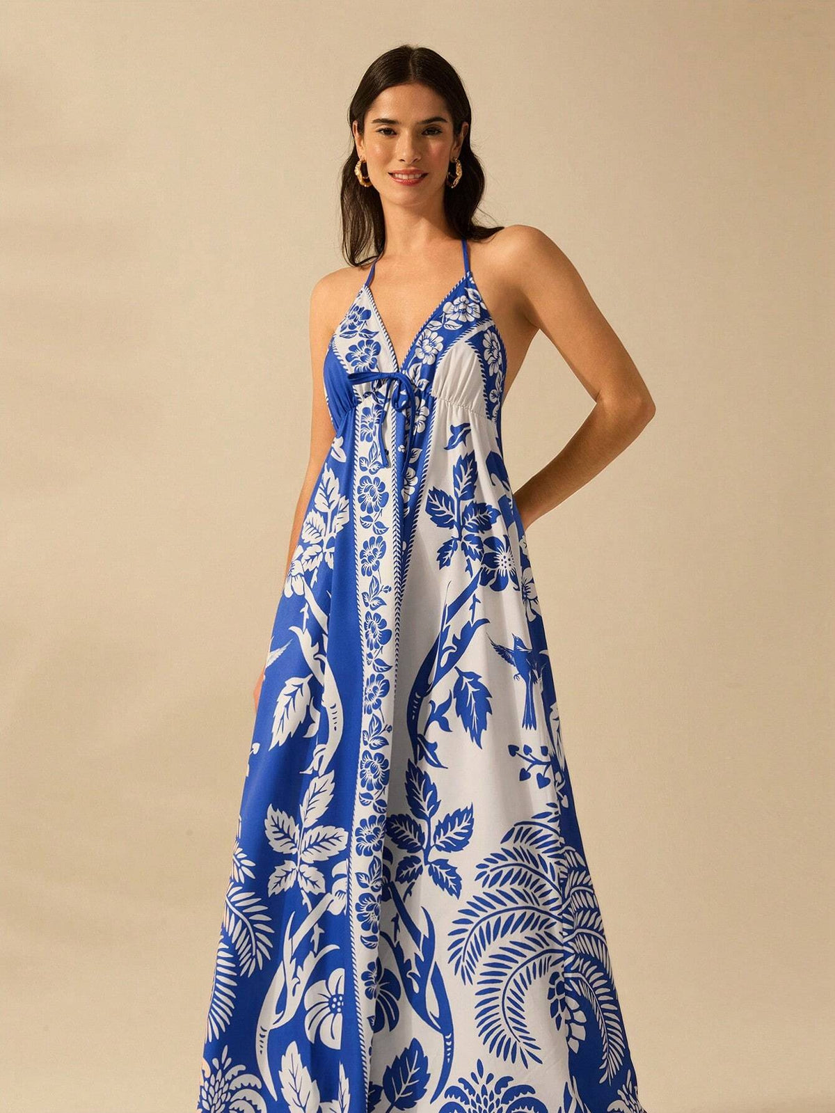 CAJUNI Vestido de Verão Casual para Praia, Estampa Tropical Boho de Flores e Árvore de Coco, Alças Finas com Cadarço, Mulheres
