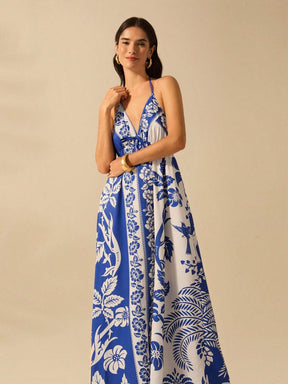 CAJUNI Vestido de Verão Casual para Praia, Estampa Tropical Boho de Flores e Árvore de Coco, Alças Finas com Cadarço, Mulheres