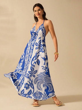 CAJUNI Vestido de Verão Casual para Praia, Estampa Tropical Boho de Flores e Árvore de Coco, Alças Finas com Cadarço, Mulheres