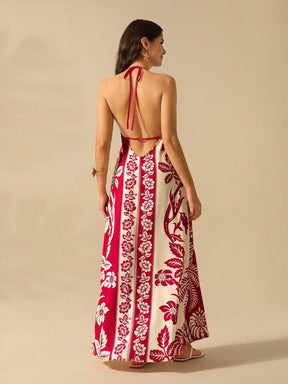 CAJUNI Vestido de Verão Casual para Praia, Estampa Tropical Boho de Flores e Árvore de Coco, Alças Finas com Cadarço, Mulheres