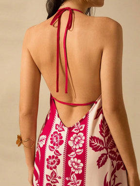 CAJUNI Vestido de Verão Casual para Praia, Estampa Tropical Boho de Flores e Árvore de Coco, Alças Finas com Cadarço, Mulheres