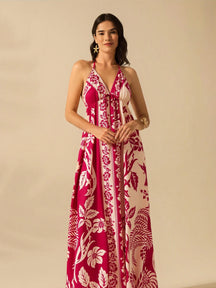 CAJUNI Vestido de Verão Casual para Praia, Estampa Tropical Boho de Flores e Árvore de Coco, Alças Finas com Cadarço, Mulheres