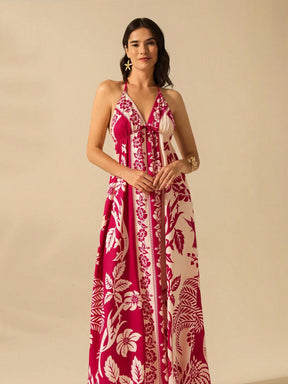 CAJUNI Vestido de Verão Casual para Praia, Estampa Tropical Boho de Flores e Árvore de Coco, Alças Finas com Cadarço, Mulheres