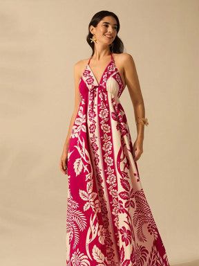 CAJUNI Vestido de Verão Casual para Praia, Estampa Tropical Boho de Flores e Árvore de Coco, Alças Finas com Cadarço, Mulheres