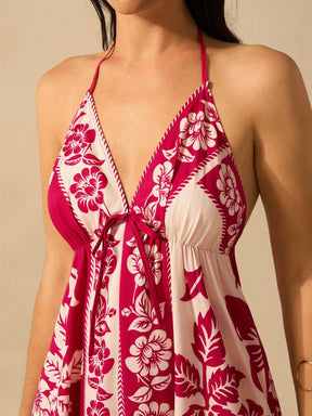 CAJUNI Vestido de Verão Casual para Praia, Estampa Tropical Boho de Flores e Árvore de Coco, Alças Finas com Cadarço, Mulheres