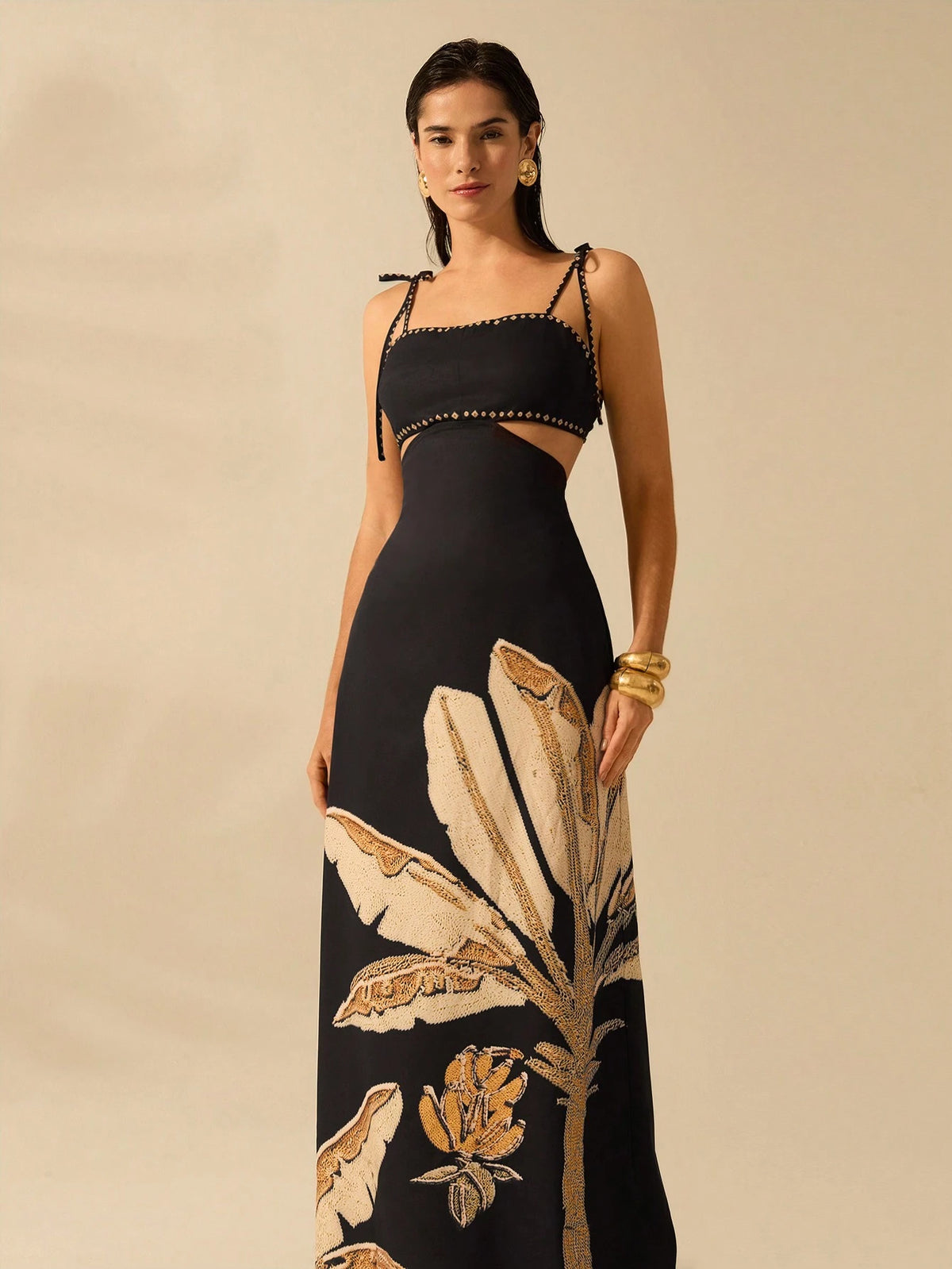 CAJUNI Vestido Boho Feminino Estampa de Árvore de Banana, Vestido Preto Casual de Verão com Amarração Oca na Cintura Sem Mangas, Vestido Casual de Férias