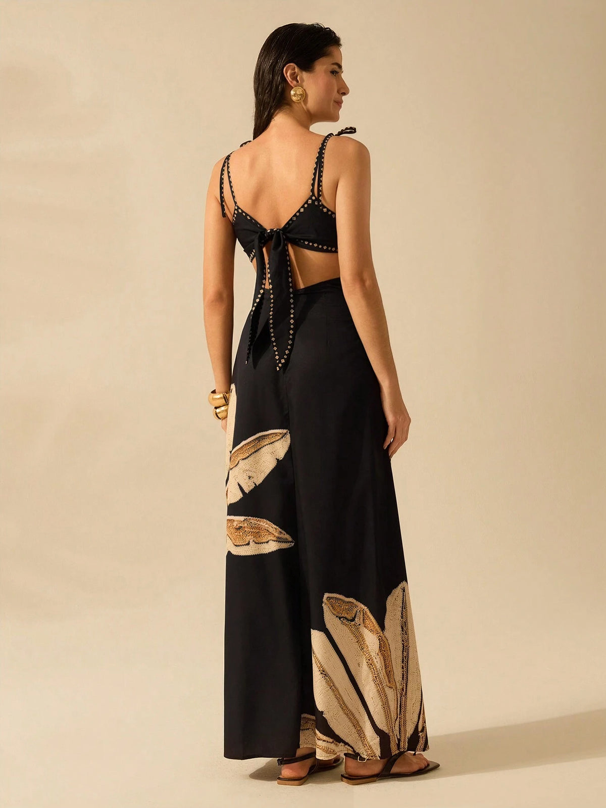 CAJUNI Vestido Boho Feminino Estampa de Árvore de Banana, Vestido Preto Casual de Verão com Amarração Oca na Cintura Sem Mangas, Vestido Casual de Férias