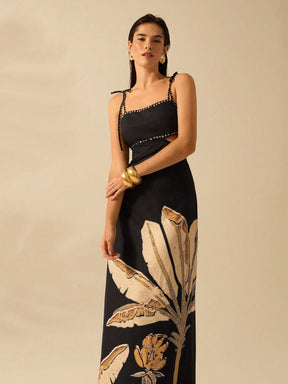 CAJUNI Vestido Boho Feminino Estampa de Árvore de Banana, Vestido Preto Casual de Verão com Amarração Oca na Cintura Sem Mangas, Vestido Casual de Férias