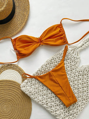 SHEIN Swim Conjunto de Maiô Bikini Feminino Strapless de Verão Solid Color com Amarração e Decoração Metálica, Sexy
