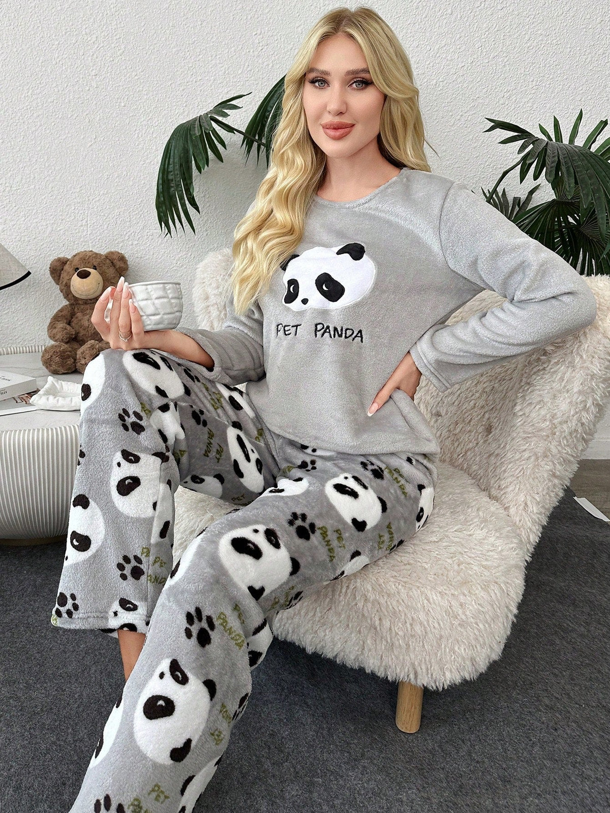 Conjunto de Pijama Feminino 2 peças, Top de Manga Longa e Calça com Estampa Fofa de Panda