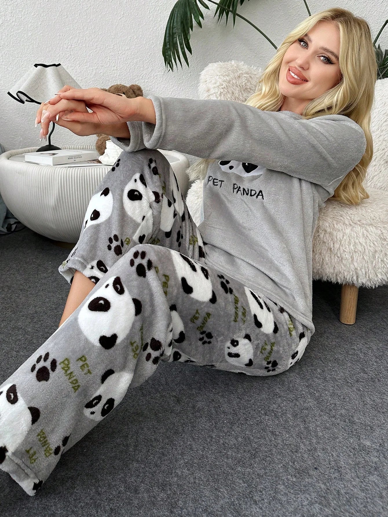 Conjunto de Pijama Feminino 2 peças, Top de Manga Longa e Calça com Estampa Fofa de Panda