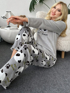 Conjunto de Pijama Feminino 2 peças, Top de Manga Longa e Calça com Estampa Fofa de Panda