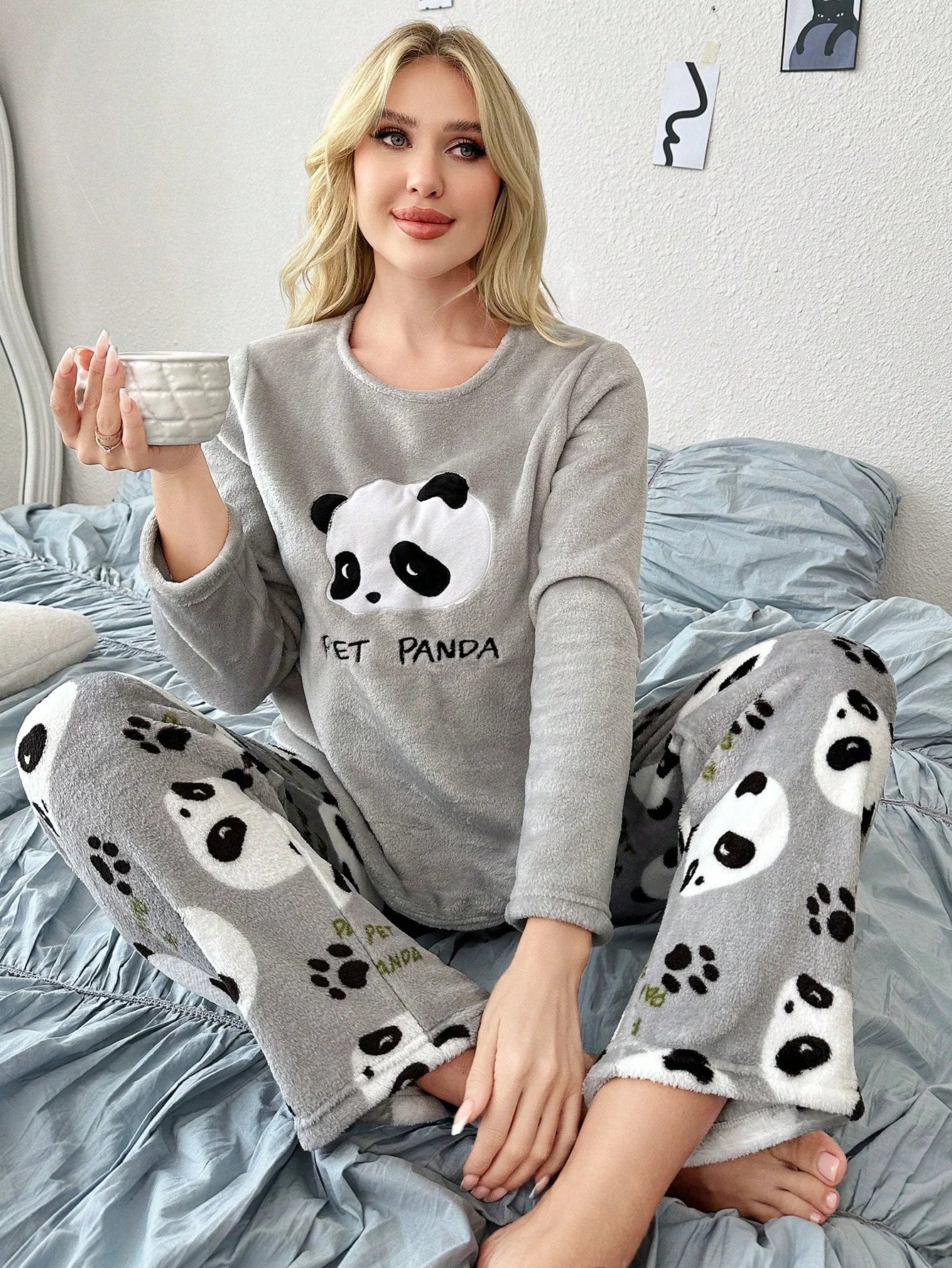 Conjunto de Pijama Feminino 2 peças, Top de Manga Longa e Calça com Estampa Fofa de Panda