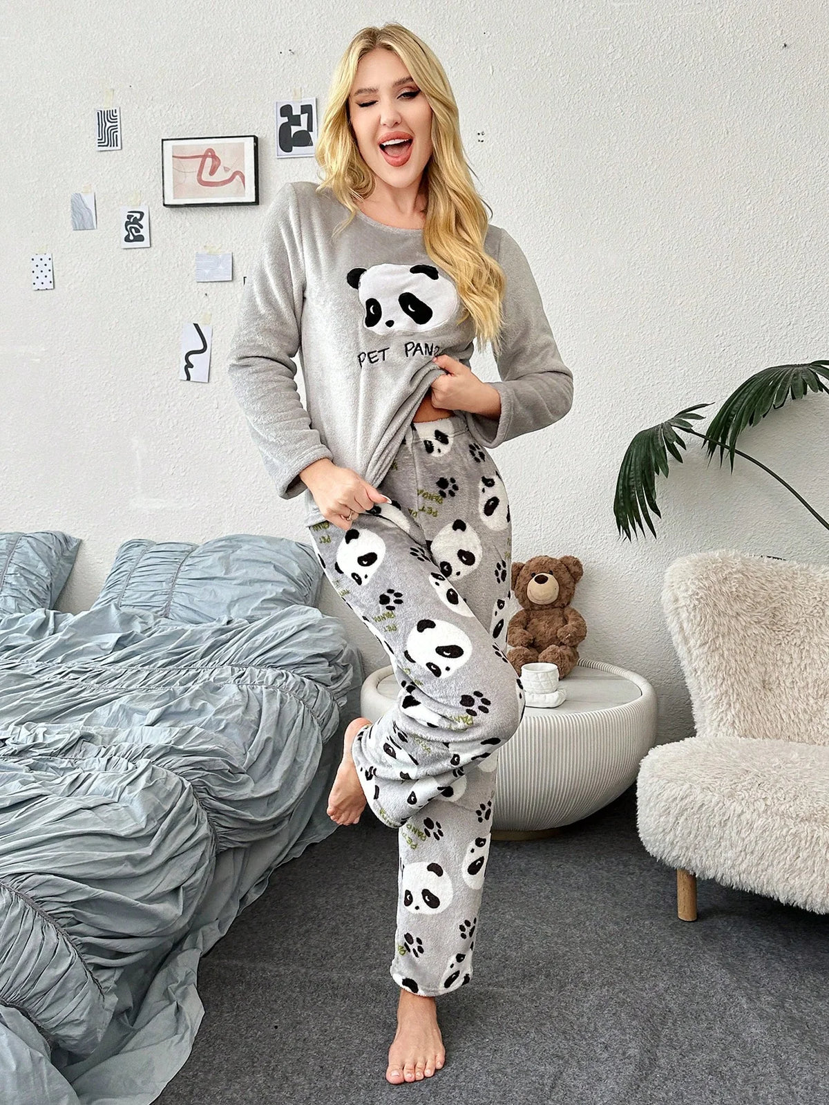 Conjunto de Pijama Feminino 2 peças, Top de Manga Longa e Calça com Estampa Fofa de Panda