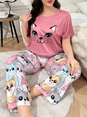 Conjunto de Pijama Estampa de Gato Fofa em Plus Size