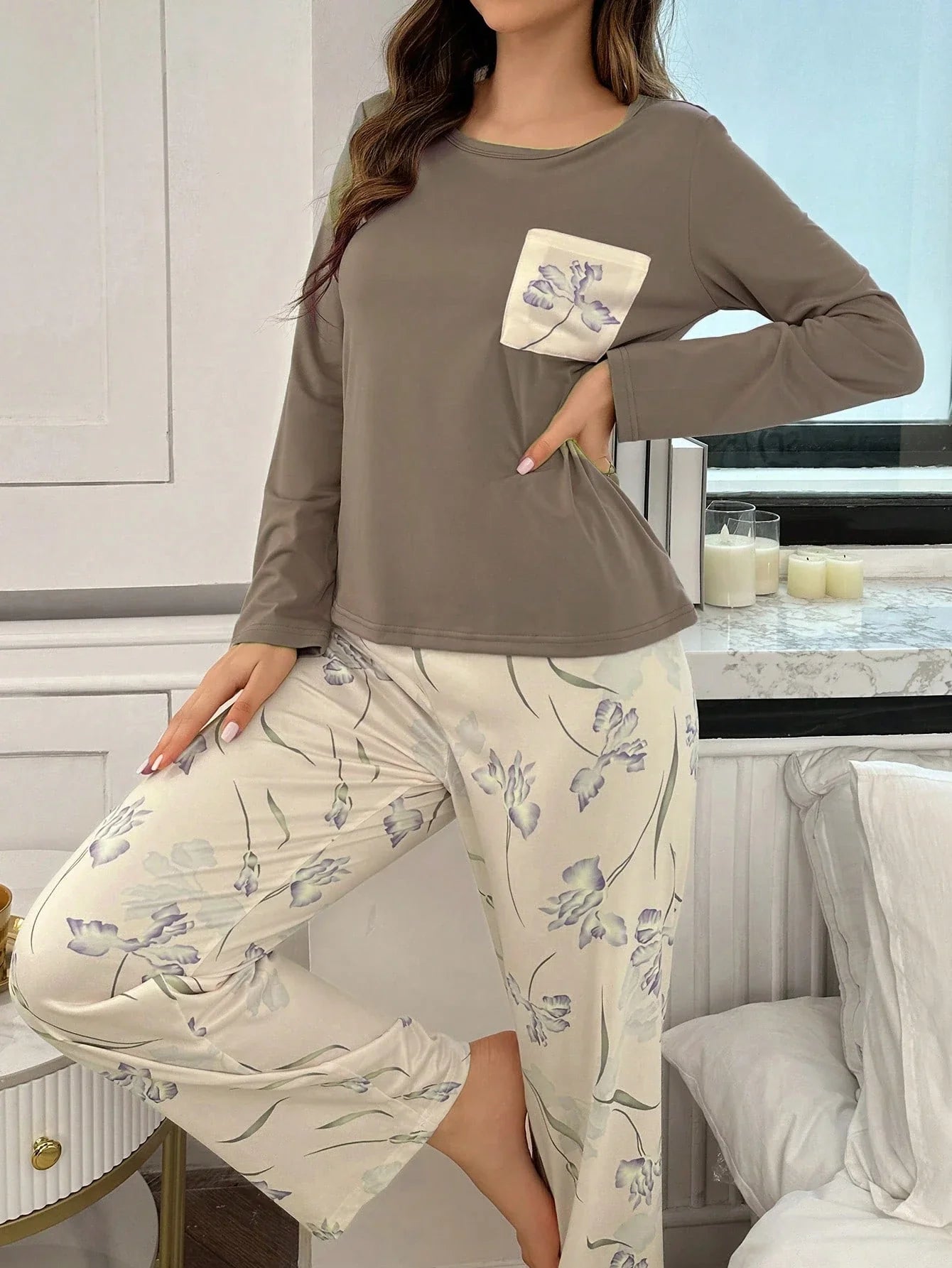 Conjunto de Pijama de Manga Longa com Estampa Floral