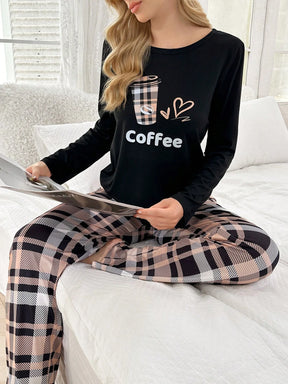 Conjunto de 2 peças: Top de Manga Longa com Estampa Cartoon e Calça Longa Xadrez
