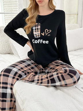 Conjunto de 2 peças: Top de Manga Longa com Estampa Cartoon e Calça Longa Xadrez