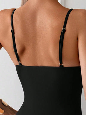 SHEIN Swim Maiô de uma peça para mulher com cor sólida e franzido, com alça de ombro ajustável, perfeito para praia e férias, verão na praia.