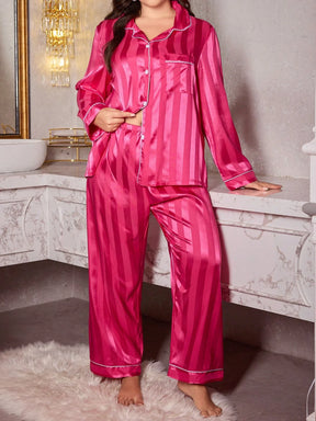 LuxeNights Conjunto de Pijama Elegante de Manga Longa com Bolso, Listras de Gorgurão, Cor Sólida, Plus Size Feminino, Outono/Inverno