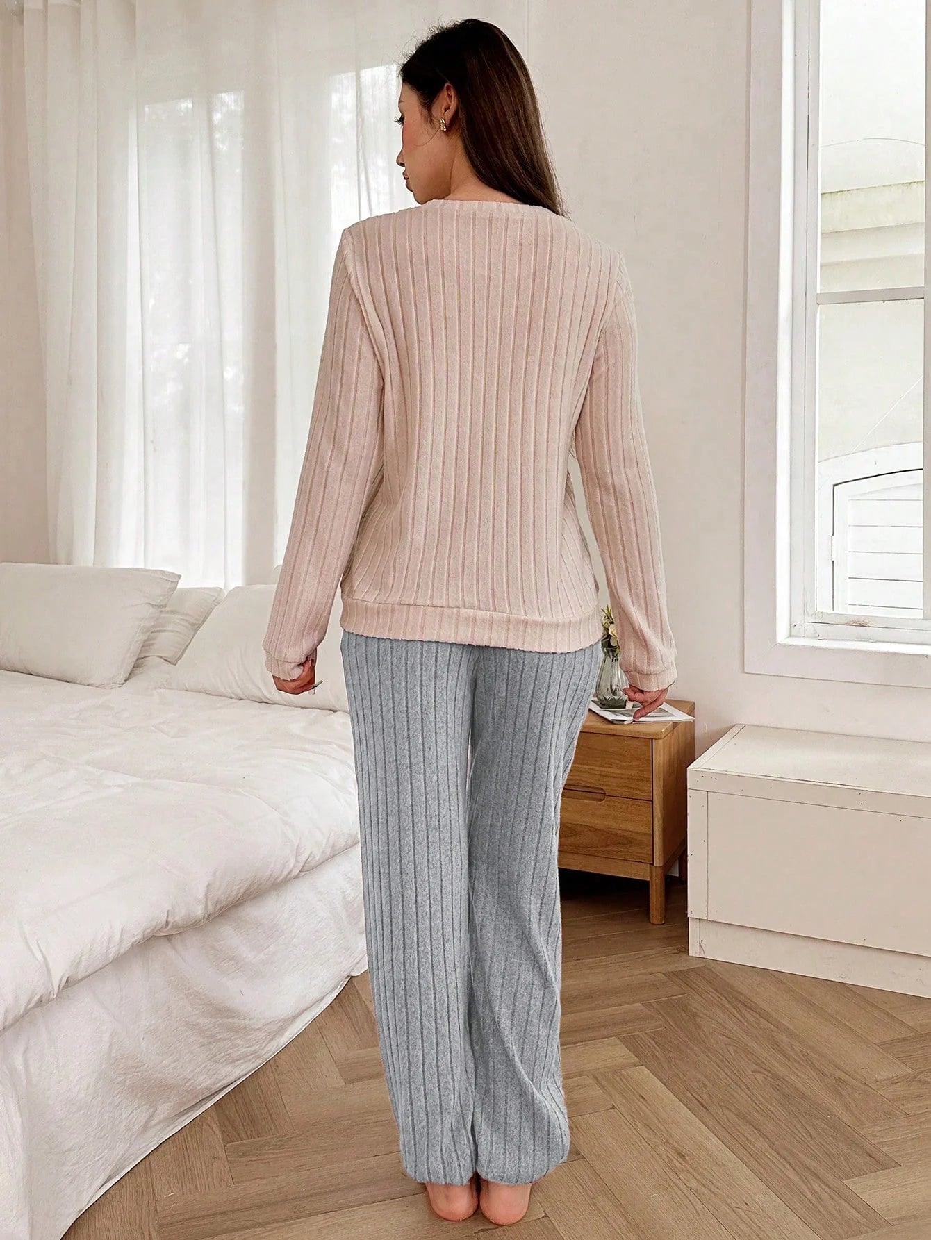 Dream Adore Conjunto de Pijama de Manga Longa com Decote Careca, Forrado Termicamente, com Bordado de Coração e Letra, Outono/Inverno