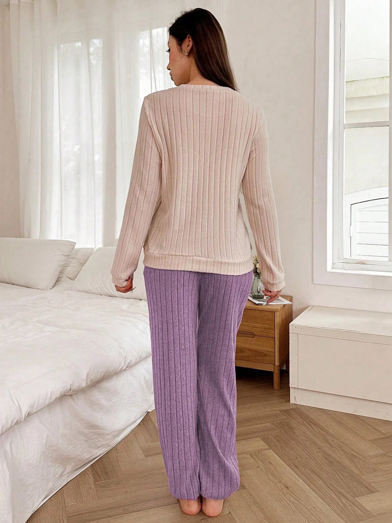 Dream Adore Conjunto de Pijama de Manga Longa com Decote Careca, Forrado Termicamente, com Bordado de Coração e Letra, Outono/Inverno