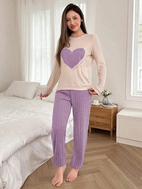 Dream Adore Conjunto de Pijama de Manga Longa com Decote Careca, Forrado Termicamente, com Bordado de Coração e Letra, Outono/Inverno
