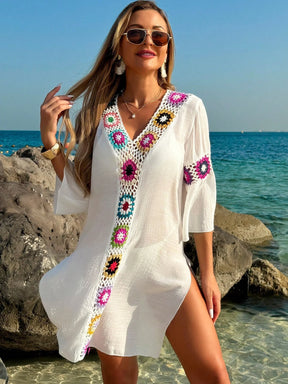 Swim Vcay Roupas de Verão para Mulheres, Vestido Túnica Solto com Decote em V, Manga 3/4, Flor de Crochê em Cor Aleatória, Fenda Lateral, Ideal para Praia e Férias de Verão