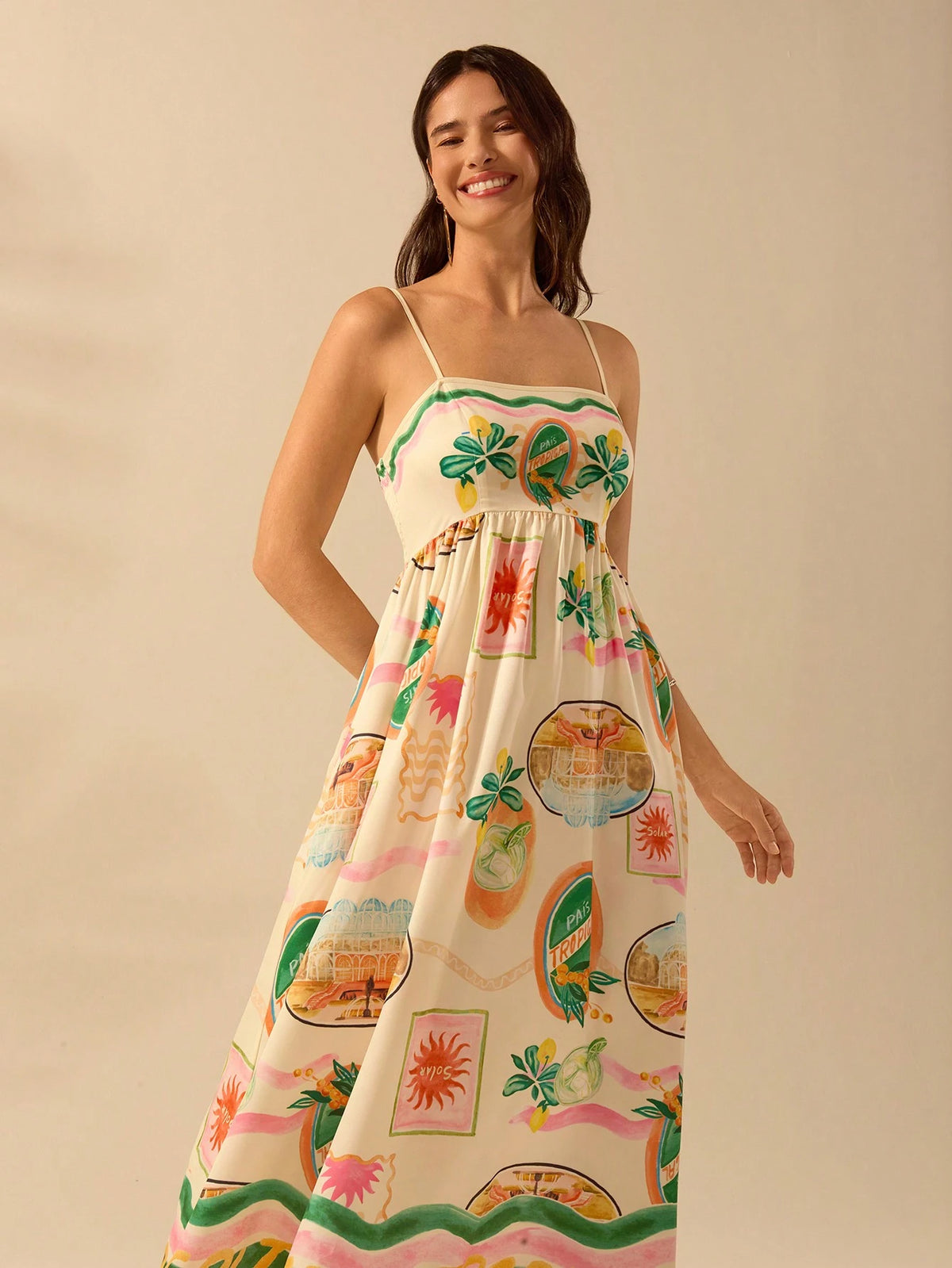 CAJUNI Vestido Longo de Slip Casual de Férias com Estampa Tropical Boêmia, Verão