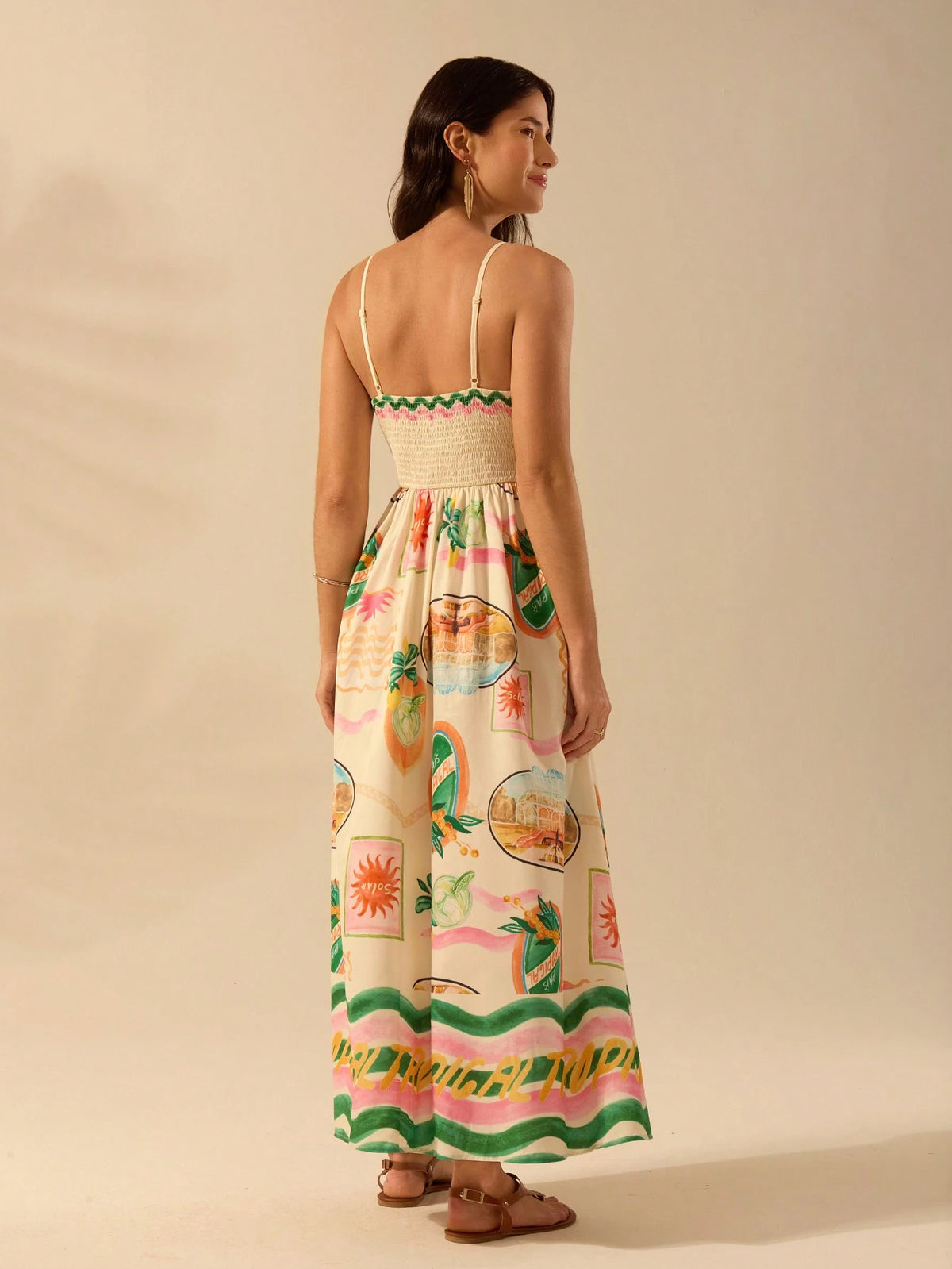 CAJUNI Vestido Longo de Slip Casual de Férias com Estampa Tropical Boêmia, Verão
