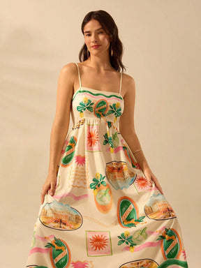 CAJUNI Vestido Longo de Slip Casual de Férias com Estampa Tropical Boêmia, Verão