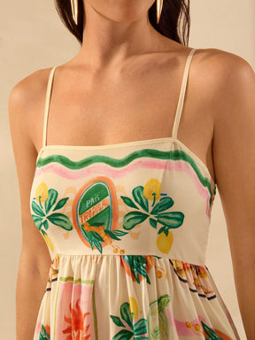 CAJUNI Vestido Longo de Slip Casual de Férias com Estampa Tropical Boêmia, Verão