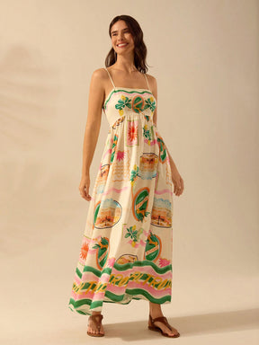 CAJUNI Vestido Longo de Slip Casual de Férias com Estampa Tropical Boêmia, Verão