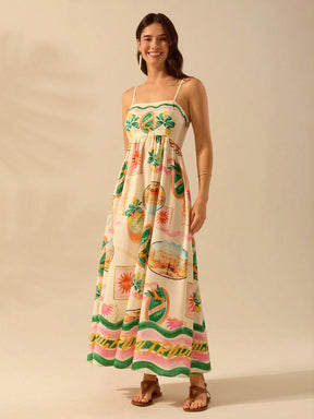 CAJUNI Vestido Longo de Slip Casual de Férias com Estampa Tropical Boêmia, Verão