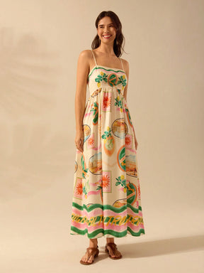 CAJUNI Vestido Longo de Slip Casual de Férias com Estampa Tropical Boêmia, Verão
