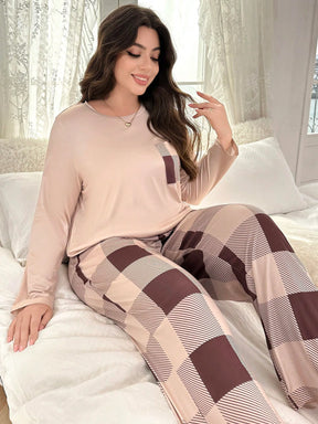 Conjunto de Pijama Xadrez de Gola Redonda, Manga Longa e Calça Longa, Plus Size