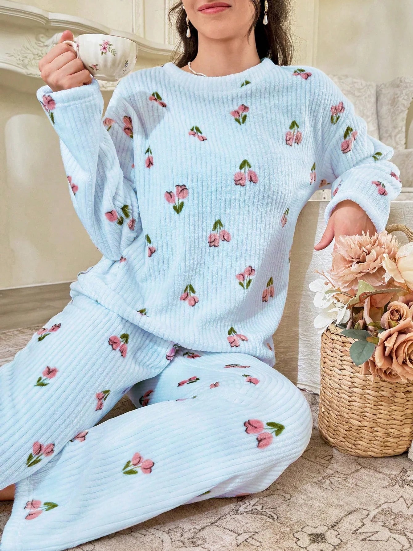 CottageSlumber Conjunto de Pijama Feminino de Moletom com Estampa Floral - Blusa e Calça