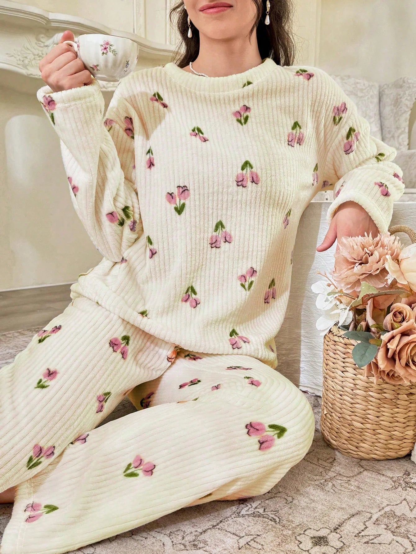 CottageSlumber Conjunto de Pijama Feminino de Moletom com Estampa Floral - Blusa e Calça