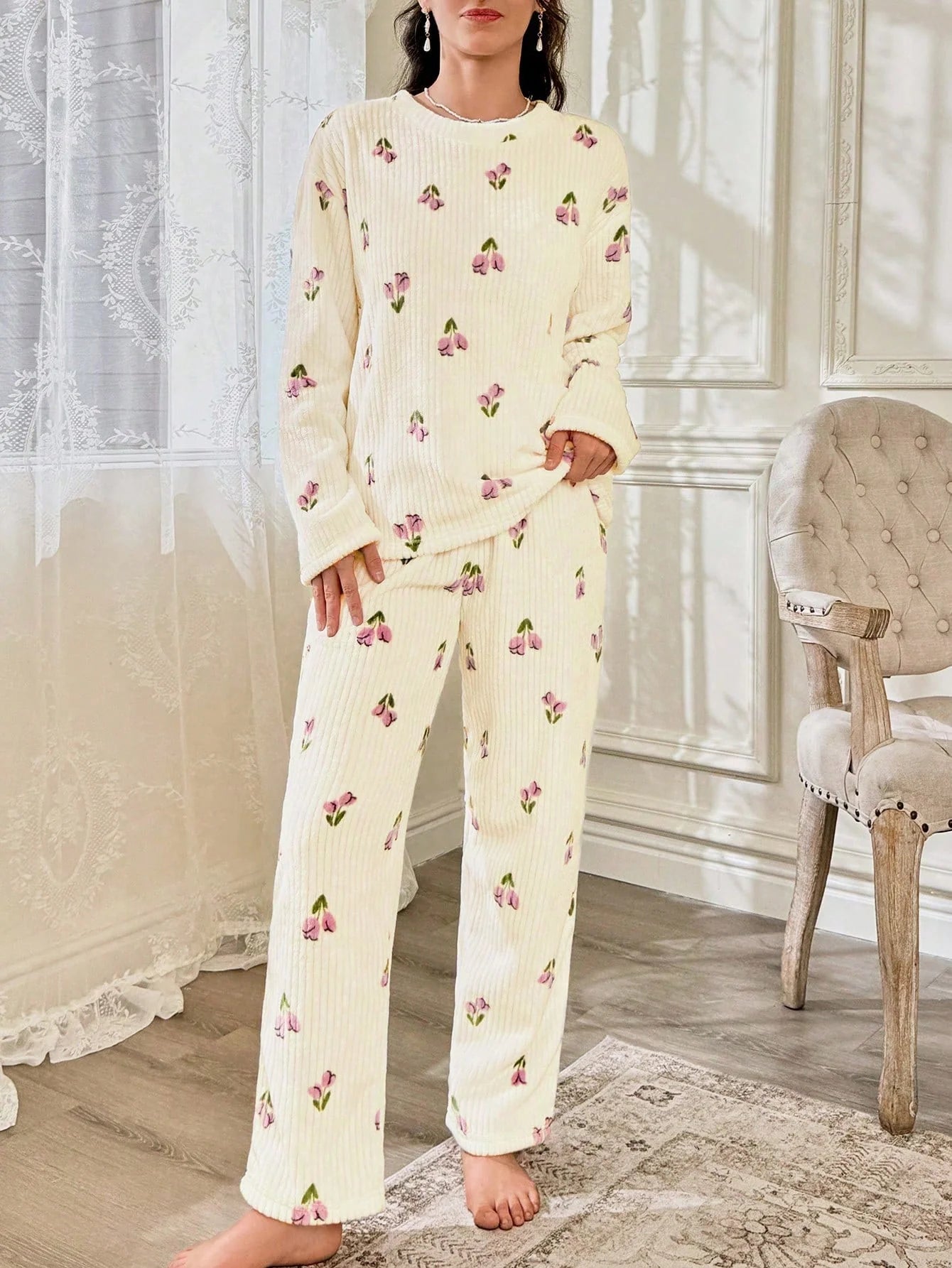 CottageSlumber Conjunto de Pijama Feminino de Moletom com Estampa Floral - Blusa e Calça