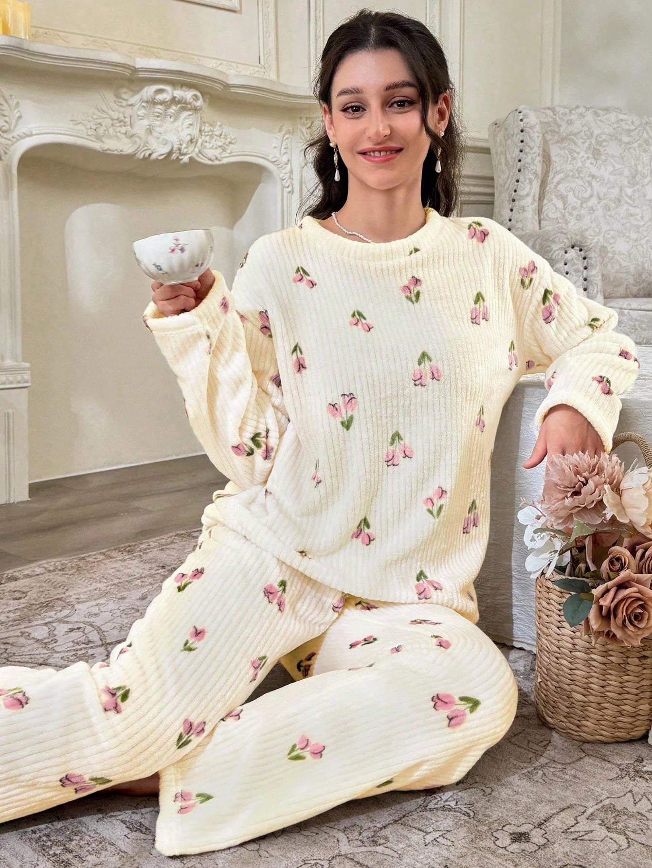 CottageSlumber Conjunto de Pijama Feminino de Moletom com Estampa Floral - Blusa e Calça