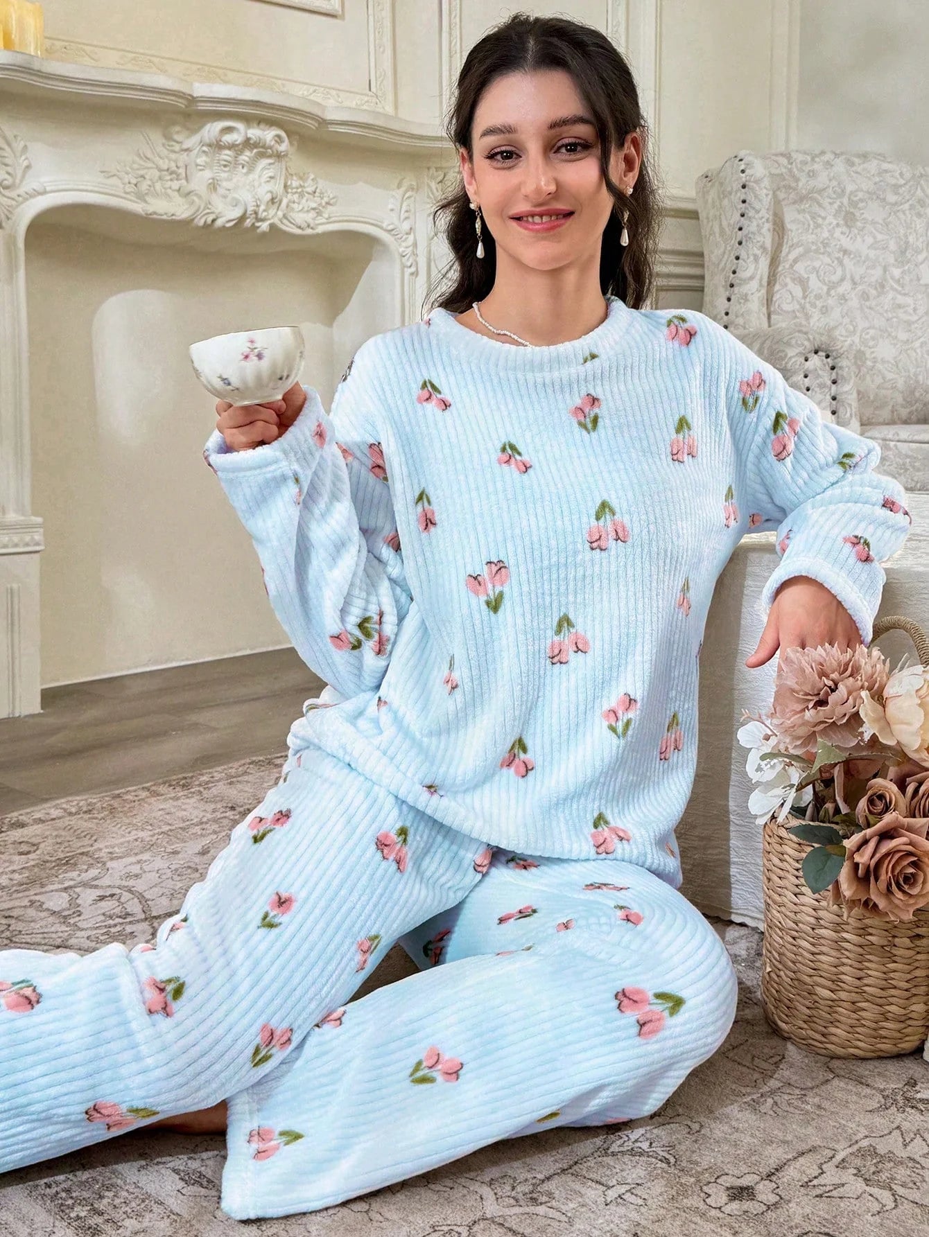 CottageSlumber Conjunto de Pijama Feminino de Moletom com Estampa Floral - Blusa e Calça