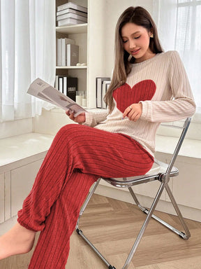 Dream Adore Conjunto de Pijama de Manga Longa com Decote Careca, Forrado Termicamente, com Bordado de Coração e Letra, Outono/Inverno